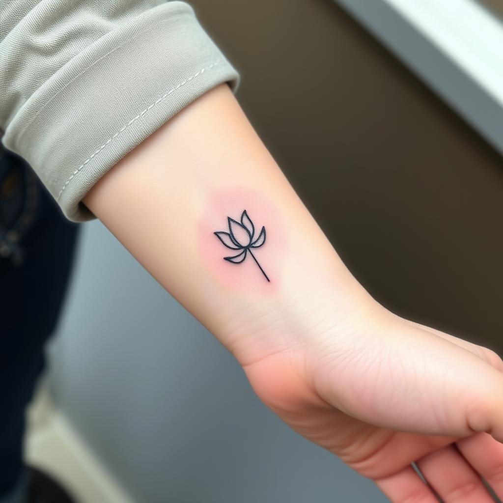 A small, minimalist tattoo of a delicate lotus flowe A small, minimalist tattoo of a delicate lotus flowe