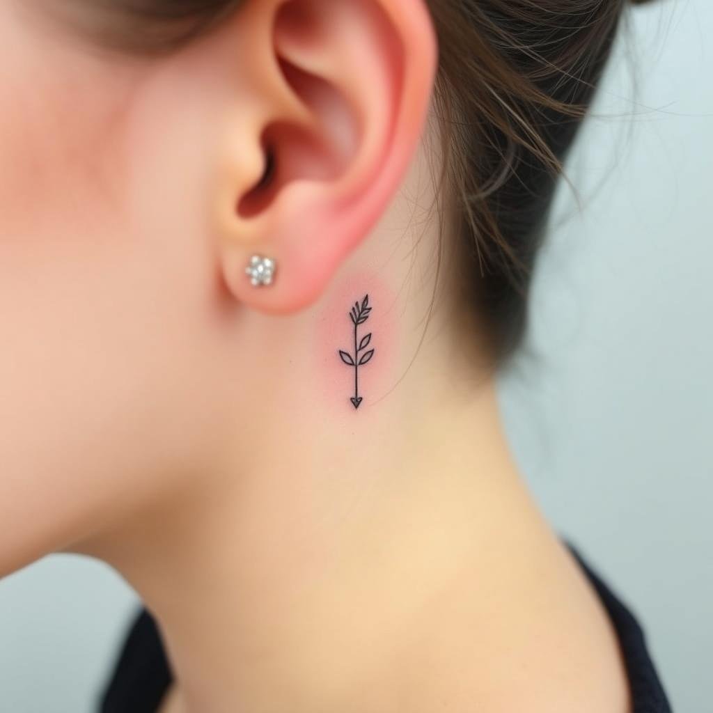 A small, minimalistic tattoo design placed behind the ear. A small, minimalistic tattoo design placed behind the ear.