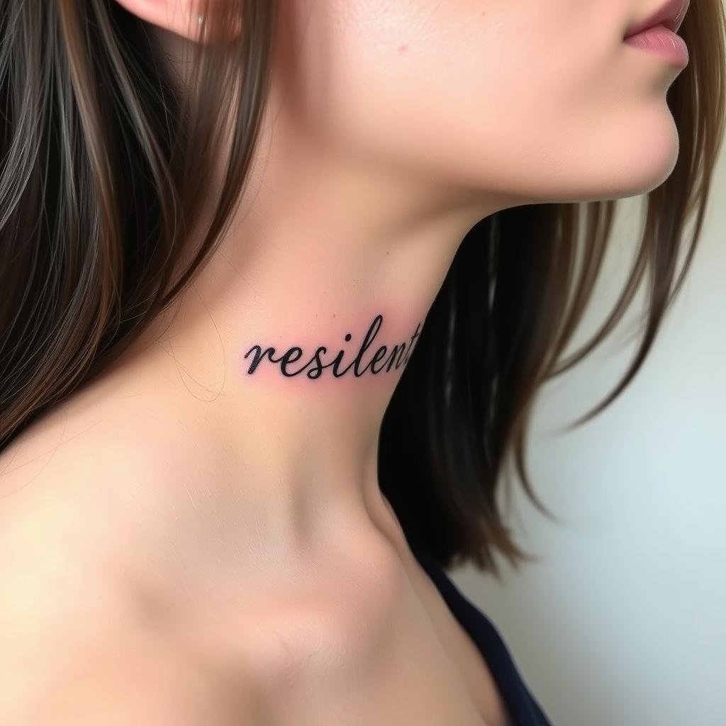 A small, modern script tattoo reading 'resilient' positioned along a woman's collarbone A small, modern script tattoo reading 'resilient' positioned along a woman's collarbone