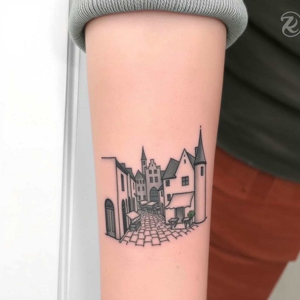 A small-sized tattoo design showing a medieval town or village scene