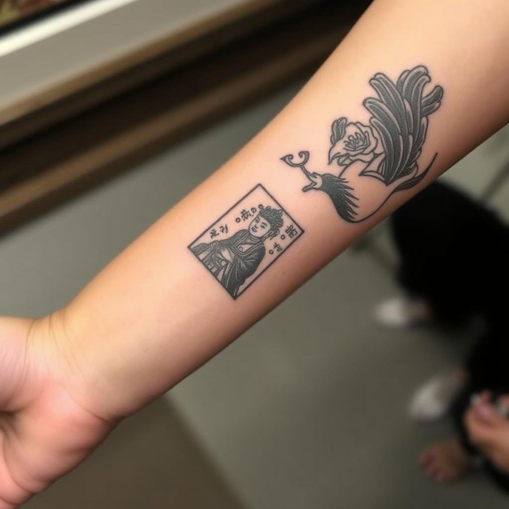 A small-sized tattoo in woodcut printmaking style A small-sized tattoo in woodcut printmaking style