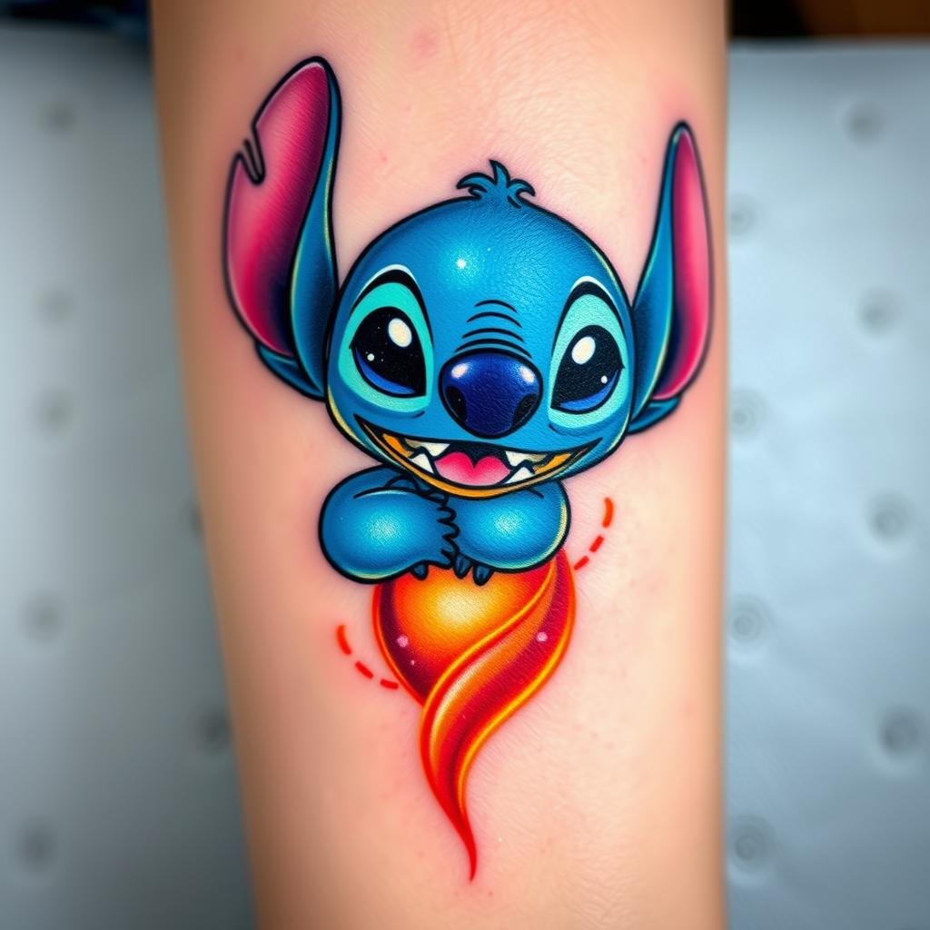 A small-sized tattoo of Stitch from Lilo & Stitch, placed on the inner forearm A small-sized tattoo of Stitch from Lilo & Stitch, placed on the inner forearm