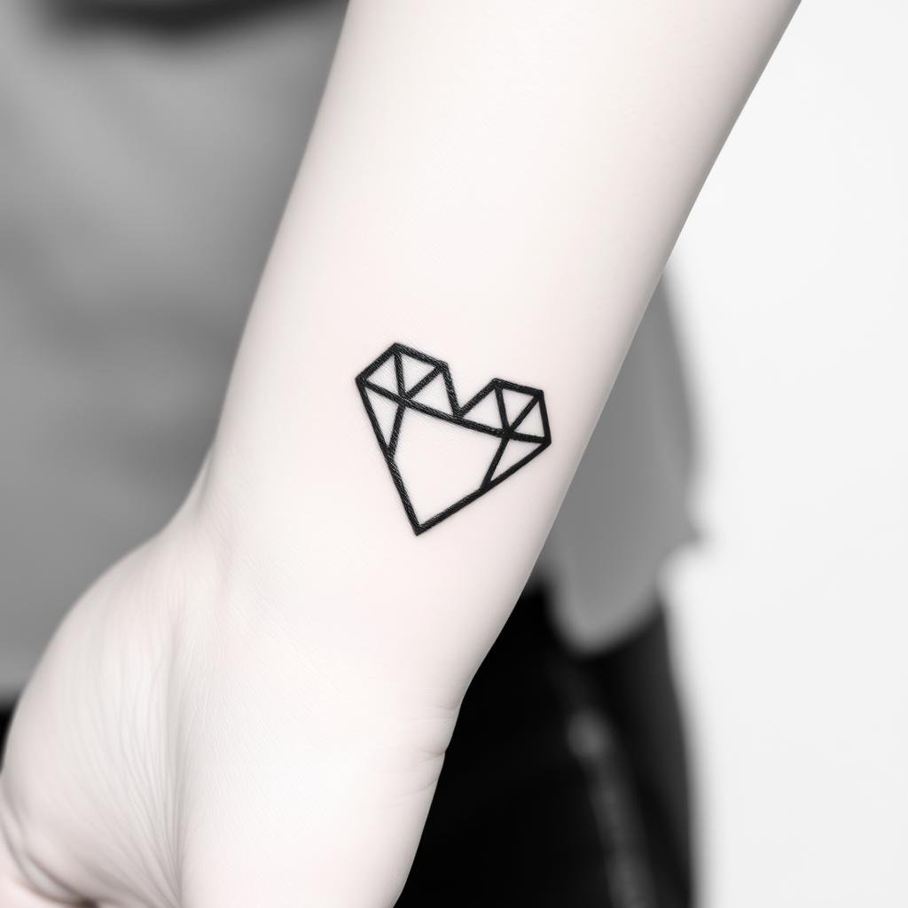 A small, stylish blackwork baddie tattoo of a geometric heart A small, stylish blackwork baddie tattoo of a geometric heart