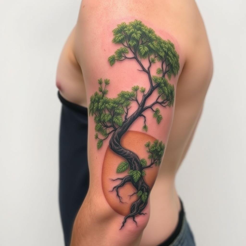 A striking tattoo design of a lush, verdant tree branch emerging from an open human palm, symbolizing personal growth and a connection to nature. The tattoo is rendered in a detailed, realistic style with intricate textures and naturalistic colors. The palm is rendered in lifelike shades of skin tone, with the fingers delicately curled to frame the branch. The branch is depicted with vibrant green leaves and woody textures, conveying a sense of vitality and progression. The overall composition is balanced and visually striking, creating a powerful visual metaphor for the journey of self-discovery and inner transformation. A striking tattoo design of a lush, verdant tree branch emerging from an open human palm, symbolizing personal growth and a connection to nature. The tattoo is rendered in a detailed, realistic style with intricate textures and naturalistic colors. The palm is rendered in lifelike shades of skin tone, with the fingers delicately curled to frame the branch. The branch is depicted with vibrant green leaves and woody textures, conveying a sense of vitality and progression. The overall composition is balanced and visually striking, creating a powerful visual metaphor for the journey of self-discovery and inner transformation.