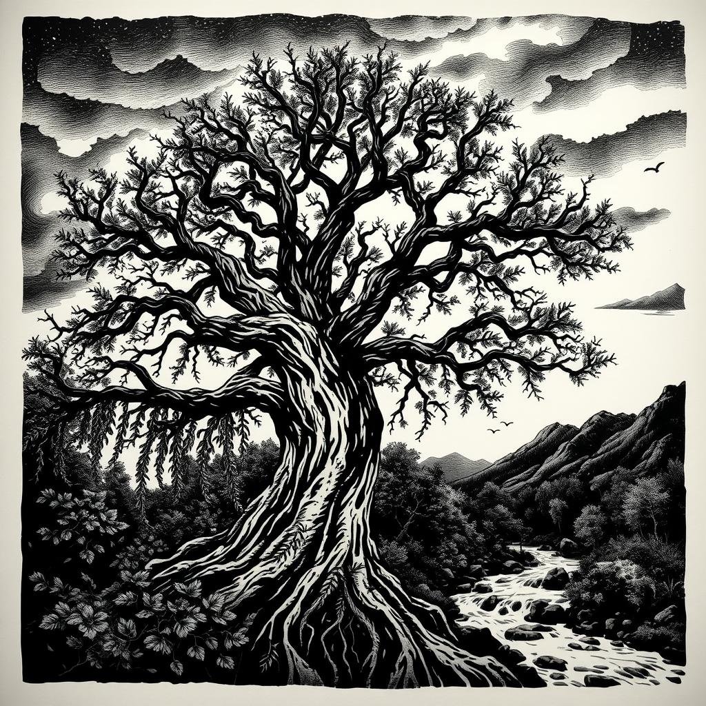A striking woodcut-style tattoo design, featuring intricate linework and bold contrasts. Prominent in the foreground, a majestic oak tree, its gnarled branches reaching towards a moody, textured sky. In the midground, cascading vines and foliage, rendered with meticulous detail. The background subtly incorporates additional natural elements, such as flowing rivers, rocky outcroppings, and a hint of mountainous silhouettes, all captured in a chiaroscuro-inspired lighting scenario. The overall composition conveys a sense of timelessness and rugged beauty, evoking the primal essence of a woodcut illustration brought to life as a captivating tattoo design. A striking woodcut-style tattoo design, featuring intricate linework and bold contrasts. Prominent in the foreground, a majestic oak tree, its gnarled branches reaching towards a moody, textured sky. In the midground, cascading vines and foliage, rendered with meticulous detail. The background subtly incorporates additional natural elements, such as flowing rivers, rocky outcroppings, and a hint of mountainous silhouettes, all captured in a chiaroscuro-inspired lighting scenario. The overall composition conveys a sense of timelessness and rugged beauty, evoking the primal essence of a woodcut illustration brought to life as a captivating tattoo design.