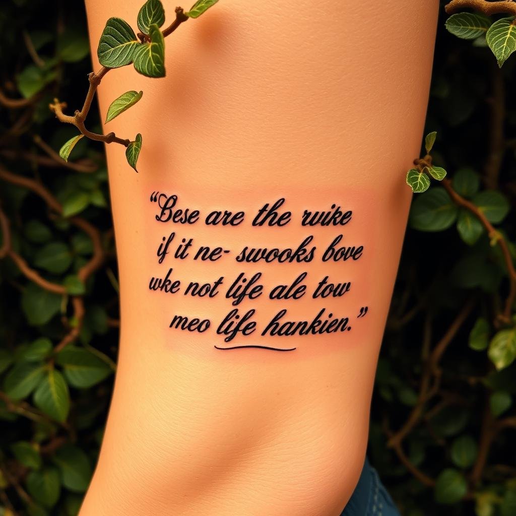 A tattoo of a powerful motivational quote, inked in an elegant script, stands out against the intricate, organic background of swirling vines and leaves. The quote is prominently displayed, its bold, calligraphic strokes capturing the essence of personal growth and self-empowerment. The skin serves as a canvas, the tattoo a permanent reminder of the wearer's journey towards transformation. Warm, soft lighting highlights the textural details of the skin and the crisp lines of the tattoo design, creating a sense of depth and intimacy. The composition is balanced, with the tattoo as the focal point, surrounded by a lush, verdant environment that symbolizes the nourishment and support needed for personal evolution. A tattoo of a powerful motivational quote, inked in an elegant script, stands out against the intricate, organic background of swirling vines and leaves. The quote is prominently displayed, its bold, calligraphic strokes capturing the essence of personal growth and self-empowerment. The skin serves as a canvas, the tattoo a permanent reminder of the wearer's journey towards transformation. Warm, soft lighting highlights the textural details of the skin and the crisp lines of the tattoo design, creating a sense of depth and intimacy. The composition is balanced, with the tattoo as the focal point, surrounded by a lush, verdant environment that symbolizes the nourishment and support needed for personal evolution.