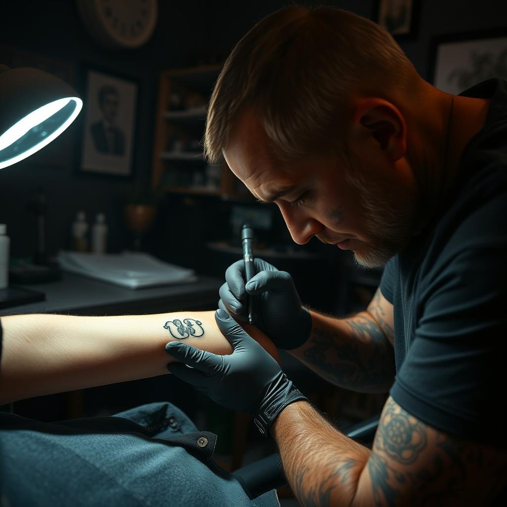 A tattooed artist hunched over a client in a dimly lit studio, focused intently on delicately inking a sentimental family design. The client's forearm is extended, revealing a tender, heartfelt image taking shape - perhaps a portrait of a mother with her children, or interlocked initials symbolizing a cherished bond. Soft, warm lighting bathes the scene, creating an intimate, meditative atmosphere. The artist's skilled hands move with precision, guided by years of experience. In the background, neatly organized tattoo equipment and artwork on the walls suggest a professional, personalized workspace dedicated to the craft.