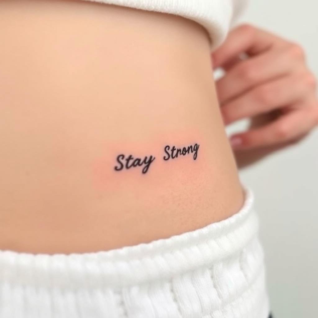 A tiny, impactful tattoo of a personal mantra or life-changing quote, such as 'Stay Strong' or 'Keep Going,' in elegant, minimalist script A tiny, impactful tattoo of a personal mantra or life-changing quote, such as 'Stay Strong' or 'Keep Going,' in elegant, minimalist script