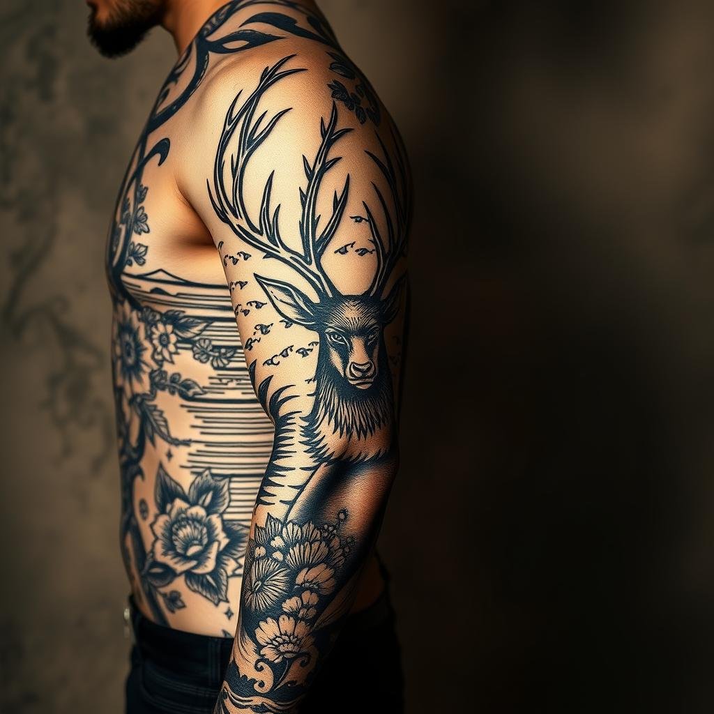 A traditional woodcut-inspired tattoo sleeve, featuring intricate, high-contrast designs with bold black linework and subtle white highlights. The foreground depicts a central motif, such as a majestic stag or a mythical creature, surrounded by complementary floral and geometric patterns. The middle ground showcases the textures and patterns characteristic of classic woodcuts, with a slight grainy, chiaroscuro effect. The background is a muted, earthy tone that enhances the timeless, handcrafted aesthetic. The lighting is dramatic, with deep shadows and dramatic highlights, creating a sense of depth and dimensionality. The overall composition is balanced and visually striking, capturing the essence of the rich history and artistry of the woodcut tattoo tradition. A traditional woodcut-inspired tattoo sleeve, featuring intricate, high-contrast designs with bold black linework and subtle white highlights. The foreground depicts a central motif, such as a majestic stag or a mythical creature, surrounded by complementary floral and geometric patterns. The middle ground showcases the textures and patterns characteristic of classic woodcuts, with a slight grainy, chiaroscuro effect. The background is a muted, earthy tone that enhances the timeless, handcrafted aesthetic. The lighting is dramatic, with deep shadows and dramatic highlights, creating a sense of depth and dimensionality. The overall composition is balanced and visually striking, capturing the essence of the rich history and artistry of the woodcut tattoo tradition.