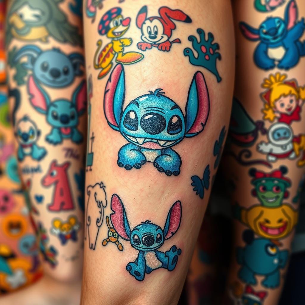 A vibrant collection of cartoon character tattoos, each a unique work of art. In the foreground, a whimsical Stitch design with its signature blue hue and mischievous expression. Surrounding it, a diverse array of beloved icons - from classic Disney characters to contemporary animated heroes - meticulously inked onto skin. The middle ground showcases a playful array of shapes, patterns, and textures, complementing the central tattoo. In the background, a blend of warm, saturated colors creates a lively, energetic atmosphere, capturing the spirit of these iconic characters. Captured with a sharp, high-resolution lens, the image presents the tattoos in vivid detail, inviting the viewer to appreciate the craftsmanship and attention to detail. A vibrant collection of cartoon character tattoos, each a unique work of art. In the foreground, a whimsical Stitch design with its signature blue hue and mischievous expression. Surrounding it, a diverse array of beloved icons - from classic Disney characters to contemporary animated heroes - meticulously inked onto skin. The middle ground showcases a playful array of shapes, patterns, and textures, complementing the central tattoo. In the background, a blend of warm, saturated colors creates a lively, energetic atmosphere, capturing the spirit of these iconic characters. Captured with a sharp, high-resolution lens, the image presents the tattoos in vivid detail, inviting the viewer to appreciate the craftsmanship and attention to detail.