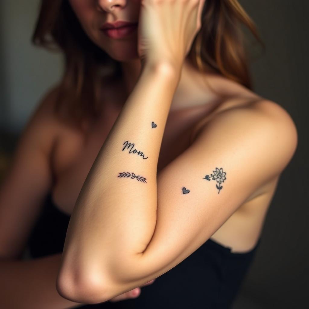 A well-lit, close-up photograph of a female model's arm, showcasing various placement ideas for a "mom" tattoo. The model's skin is smooth and youthful, with a gentle, maternal expression. The tattoo designs include a small heart, script lettering, and a floral motif, arranged in an aesthetically pleasing composition that highlights the different locations on the arm, such as the wrist, inner forearm, and shoulder. The lighting is soft and diffused, creating a warm, intimate mood, while the camera angle is slightly elevated to provide a dynamic, visually interesting perspective. The background is blurred, keeping the focus solely on the tattoo placements and the model's arm. A well-lit, close-up photograph of a female model's arm, showcasing various placement ideas for a "mom" tattoo. The model's skin is smooth and youthful, with a gentle, maternal expression. The tattoo designs include a small heart, script lettering, and a floral motif, arranged in an aesthetically pleasing composition that highlights the different locations on the arm, such as the wrist, inner forearm, and shoulder. The lighting is soft and diffused, creating a warm, intimate mood, while the camera angle is slightly elevated to provide a dynamic, visually interesting perspective. The background is blurred, keeping the focus solely on the tattoo placements and the model's arm.