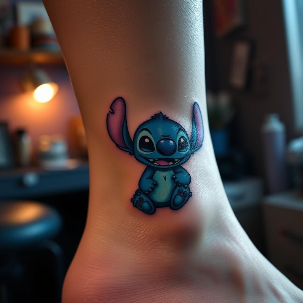 An assortment of vibrant, uniquely designed Stitch tattoos on various parts of the body, captured in a high-quality, photorealistic style. In the foreground, intricate linework and bold colors bring Stitch to life, with a range of expressions and poses that capture his mischievous yet endearing personality. The middle ground showcases a diverse collection of Stitch-themed tattoos, from minimalist outlines to detailed scenes, arranged in a visually appealing composition. The background features a soft, blurred tattoo studio setting, with a slightly moody, atmospheric lighting that enhances the focus on the tattoo designs. The overall image conveys the rich history and diverse inspiration behind Stitch tattoos, inviting the viewer to explore the creative ways fans have chosen to commemorate this beloved Disney character. An assortment of vibrant, uniquely designed Stitch tattoos on various parts of the body, captured in a high-quality, photorealistic style. In the foreground, intricate linework and bold colors bring Stitch to life, with a range of expressions and poses that capture his mischievous yet endearing personality. The middle ground showcases a diverse collection of Stitch-themed tattoos, from minimalist outlines to detailed scenes, arranged in a visually appealing composition. The background features a soft, blurred tattoo studio setting, with a slightly moody, atmospheric lighting that enhances the focus on the tattoo designs. The overall image conveys the rich history and diverse inspiration behind Stitch tattoos, inviting the viewer to explore the creative ways fans have chosen to commemorate this beloved Disney character.
