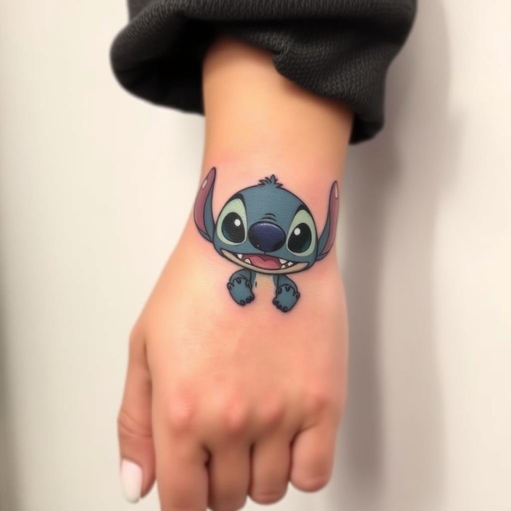 Design a small-sized tattoo of Stitch from Lilo & Stitch on inner wrist Design a small-sized tattoo of Stitch from Lilo & Stitch on inner wrist