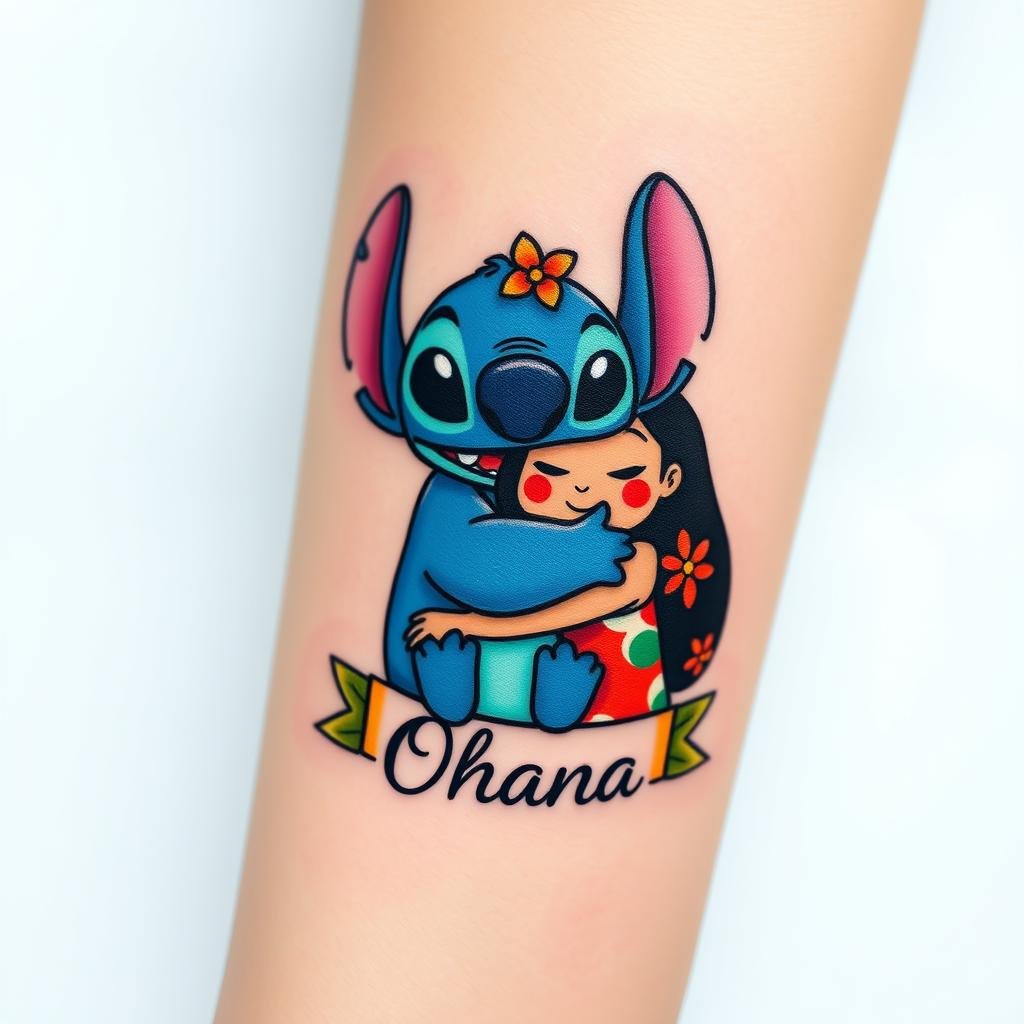 Design a small tattoo of Stitch hugging Lilo on forearm Design a small tattoo of Stitch hugging Lilo on forearm