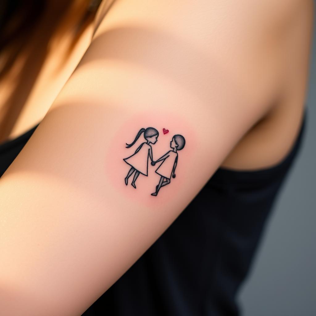 Detailed close-up of a woman's arm, featuring a unique and personalized motherhood tattoo design. The tattoo depicts two delicate silhouettes of children in a minimalist, abstract style, with intricate linework and negative space elements. The skin has a soft, lifelike texture, and the lighting casts gentle shadows, highlighting the intricate details of the tattoo. The background is blurred, placing the focus entirely on the arm and the meaningful tattoo. The overall mood is one of intimate sentimentality and personal expression. Detailed close-up of a woman's arm, featuring a unique and personalized motherhood tattoo design. The tattoo depicts two delicate silhouettes of children in a minimalist, abstract style, with intricate linework and negative space elements. The skin has a soft, lifelike texture, and the lighting casts gentle shadows, highlighting the intricate details of the tattoo. The background is blurred, placing the focus entirely on the arm and the meaningful tattoo. The overall mood is one of intimate sentimentality and personal expression.