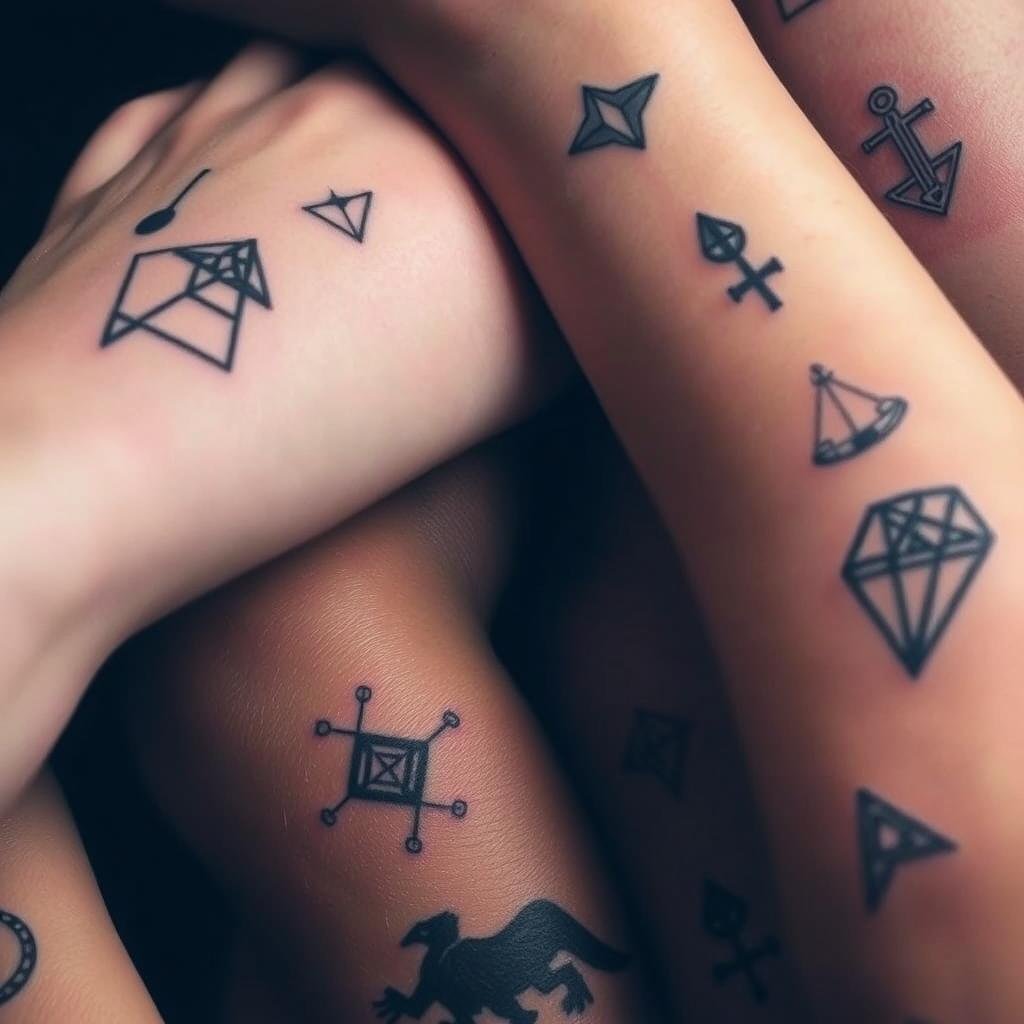 Detailed close-up shot of a diverse collection of edgy, minimalist small tattoo designs arranged in a stylish composition. The designs feature bold, geometric linework, subtle shading, and a mix of abstract and symbolic elements. The tattoos are showcased on a range of skin tones, creating a visually striking and diverse visual narrative. The lighting is soft and diffused, highlighting the fine details and textures of the ink work. The overall mood is moody, modern, and urban, capturing the essence of a fierce, baddie aesthetic. Detailed close-up shot of a diverse collection of edgy, minimalist small tattoo designs arranged in a stylish composition. The designs feature bold, geometric linework, subtle shading, and a mix of abstract and symbolic elements. The tattoos are showcased on a range of skin tones, creating a visually striking and diverse visual narrative. The lighting is soft and diffused, highlighting the fine details and textures of the ink work. The overall mood is moody, modern, and urban, capturing the essence of a fierce, baddie aesthetic.