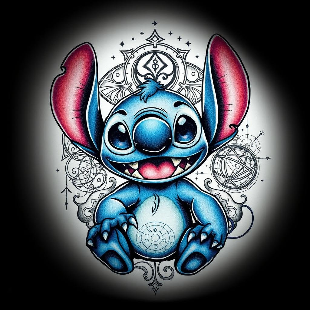 Detailed tattoo design of Experiment 626 (Stitch) from the Disney universe. In the foreground, a dynamic, ink-like depiction of Stitch's iconic blue body, large eyes, and sharp teeth, evoking his mischievous and powerful nature. In the middle ground, intricate, swirling patterns and symbols that symbolize his unique genetic engineering and extraterrestrial origins. In the background, a subtle gradient of cosmic hues, with glowing stars and nebulae, conveying the expansive, otherworldly atmosphere. The lighting is dramatic, with sharp contrasts and deep shadows, lending a bold, edgy aesthetic. The overall composition is striking and visually captivating, perfectly suited to inspire unique and bold Stitch-themed tattoo designs. Detailed tattoo design of Experiment 626 (Stitch) from the Disney universe. In the foreground, a dynamic, ink-like depiction of Stitch's iconic blue body, large eyes, and sharp teeth, evoking his mischievous and powerful nature. In the middle ground, intricate, swirling patterns and symbols that symbolize his unique genetic engineering and extraterrestrial origins. In the background, a subtle gradient of cosmic hues, with glowing stars and nebulae, conveying the expansive, otherworldly atmosphere. The lighting is dramatic, with sharp contrasts and deep shadows, lending a bold, edgy aesthetic. The overall composition is striking and visually captivating, perfectly suited to inspire unique and bold Stitch-themed tattoo designs.