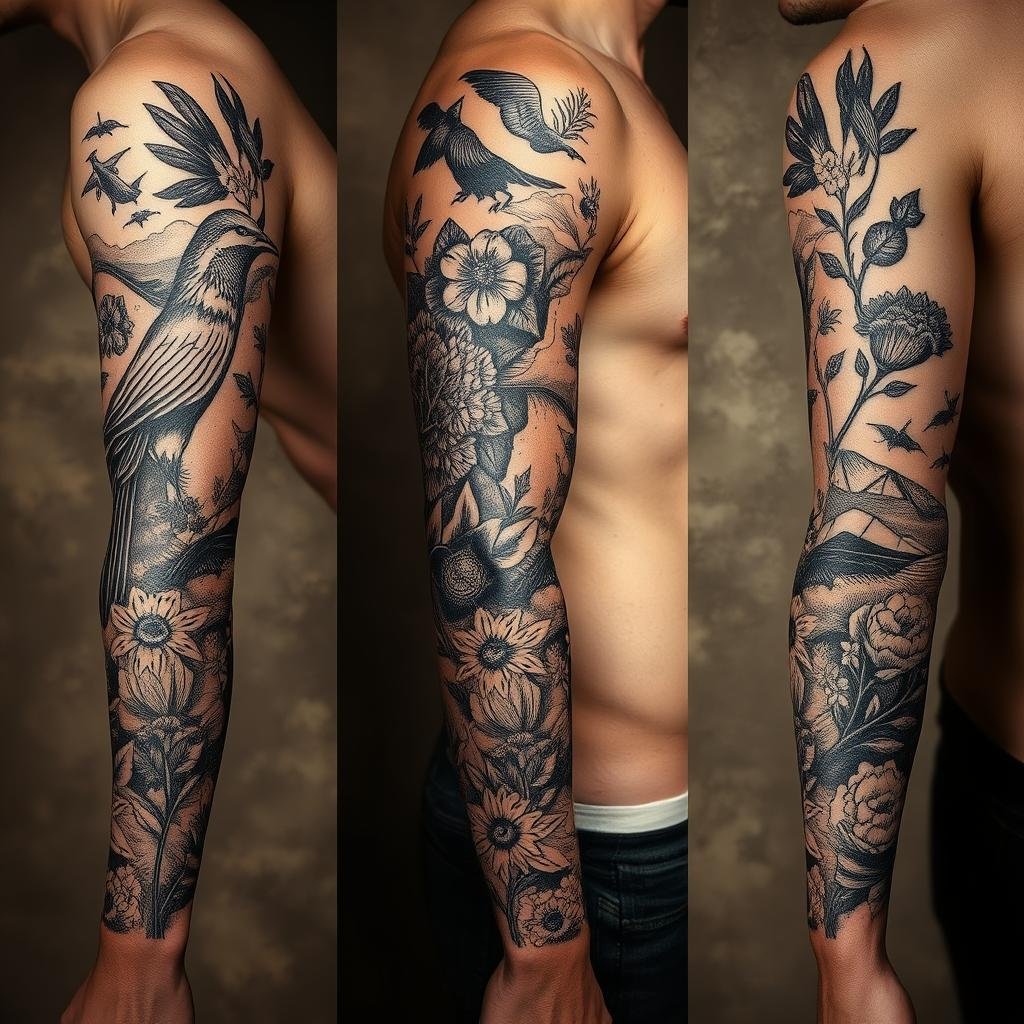 Detailed woodcut-style tattoo sleeve ideas, showcasing intricate natural motifs like birds, flowers, leaves, and landscapes. Gritty, high-contrast chiaroscuro lighting illuminates the textured, hand-carved elements. Masterfully rendered in a bold, traditional tattooing style, with a sense of depth and dimension. The composition flows organically across the arm, with a cohesive, thematic narrative. Set against a muted, earthy background to emphasize the rugged, handcrafted aesthetic. Detailed woodcut-style tattoo sleeve ideas, showcasing intricate natural motifs like birds, flowers, leaves, and landscapes. Gritty, high-contrast chiaroscuro lighting illuminates the textured, hand-carved elements. Masterfully rendered in a bold, traditional tattooing style, with a sense of depth and dimension. The composition flows organically across the arm, with a cohesive, thematic narrative. Set against a muted, earthy background to emphasize the rugged, handcrafted aesthetic.