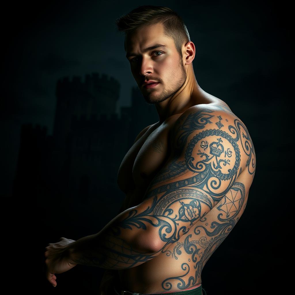 Intricate medieval-inspired full-body tattoo on a muscular male figure, standing in a somber, moody environment. In the foreground, delicate filigree patterns and heraldic symbols wind across the model's skin, rendered in a muted color palette. The middle ground features a shadowy, castle-like structure in the background, casting an ominous atmosphere. Dramatic low-angle lighting emphasizes the model's chiseled physique and the rich, textured details of the tattoo design. An air of ancient grandeur and mysticism permeates the scene, capturing the allure of medieval aesthetics in contemporary body art.