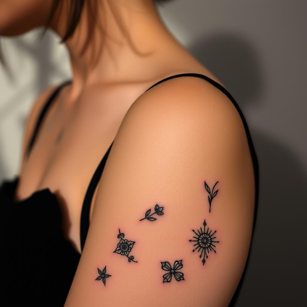 Intricate mini "baddie" style tattoo designs with delicate linework and elegant floral motifs, set against a chic and moody backdrop. The foreground features a collection of small, intricate tattoos in a minimal black and grey palette, showcasing a range of subtle styles from fine lines to delicate mandala patterns. The middle ground captures a subtly lit close-up, highlighting the refined, fashion-forward aesthetic. The background is a softly blurred, atmospheric scene, evoking a sense of sophistication and effortless cool. Soft shadows and a muted color palette come together to create a visually striking, high-fashion editorial feel. Intricate mini "baddie" style tattoo designs with delicate linework and elegant floral motifs, set against a chic and moody backdrop. The foreground features a collection of small, intricate tattoos in a minimal black and grey palette, showcasing a range of subtle styles from fine lines to delicate mandala patterns. The middle ground captures a subtly lit close-up, highlighting the refined, fashion-forward aesthetic. The background is a softly blurred, atmospheric scene, evoking a sense of sophistication and effortless cool. Soft shadows and a muted color palette come together to create a visually striking, high-fashion editorial feel.