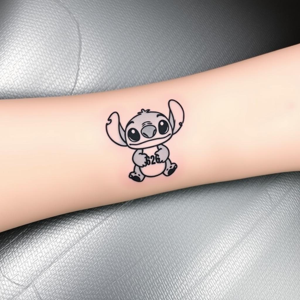 Minimalist small-sized tattoo of Stitch on outer forearm Minimalist small-sized tattoo of Stitch on outer forearm