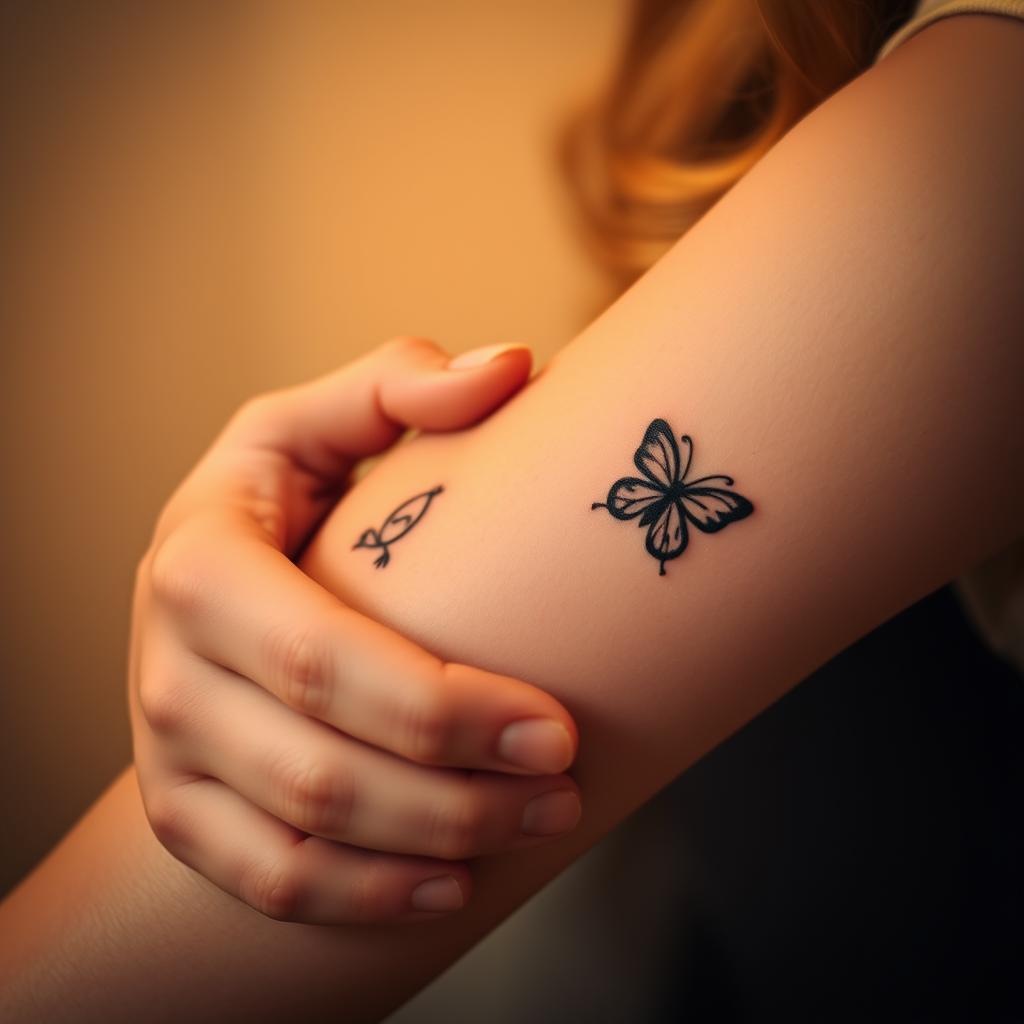 Two young children's tattoos on the arm of a caring mother, delicately inked with love. The tattoos feature simple, whimsical designs - a small bird and a butterfly - symbolizing the cherished bond between mother and child. Warm, diffused lighting casts a serene, intimate glow, highlighting the tender details of the tattoos. The mother's hand is gently cradling her arm, a gesture of nurturing protection. The composition is framed tightly, emphasizing the personal, emotional nature of the scene. The overall mood is one of heartfelt affection, showcasing the profound significance of these meaningful tattoos for this loving parent. Two young children's tattoos on the arm of a caring mother, delicately inked with love. The tattoos feature simple, whimsical designs - a small bird and a butterfly - symbolizing the cherished bond between mother and child. Warm, diffused lighting casts a serene, intimate glow, highlighting the tender details of the tattoos. The mother's hand is gently cradling her arm, a gesture of nurturing protection. The composition is framed tightly, emphasizing the personal, emotional nature of the scene. The overall mood is one of heartfelt affection, showcasing the profound significance of these meaningful tattoos for this loving parent.