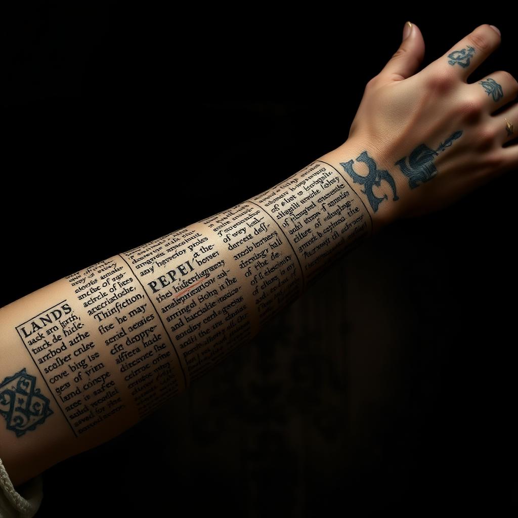 a medieval manuscript page with intricate calligraphic text tattoos covering a forearm, backlit by soft, warm lighting to highlight the textures and details, shot from a high, angled perspective to showcase the arm's length, with a dark, moody background that evokes the atmosphere of ancient times
