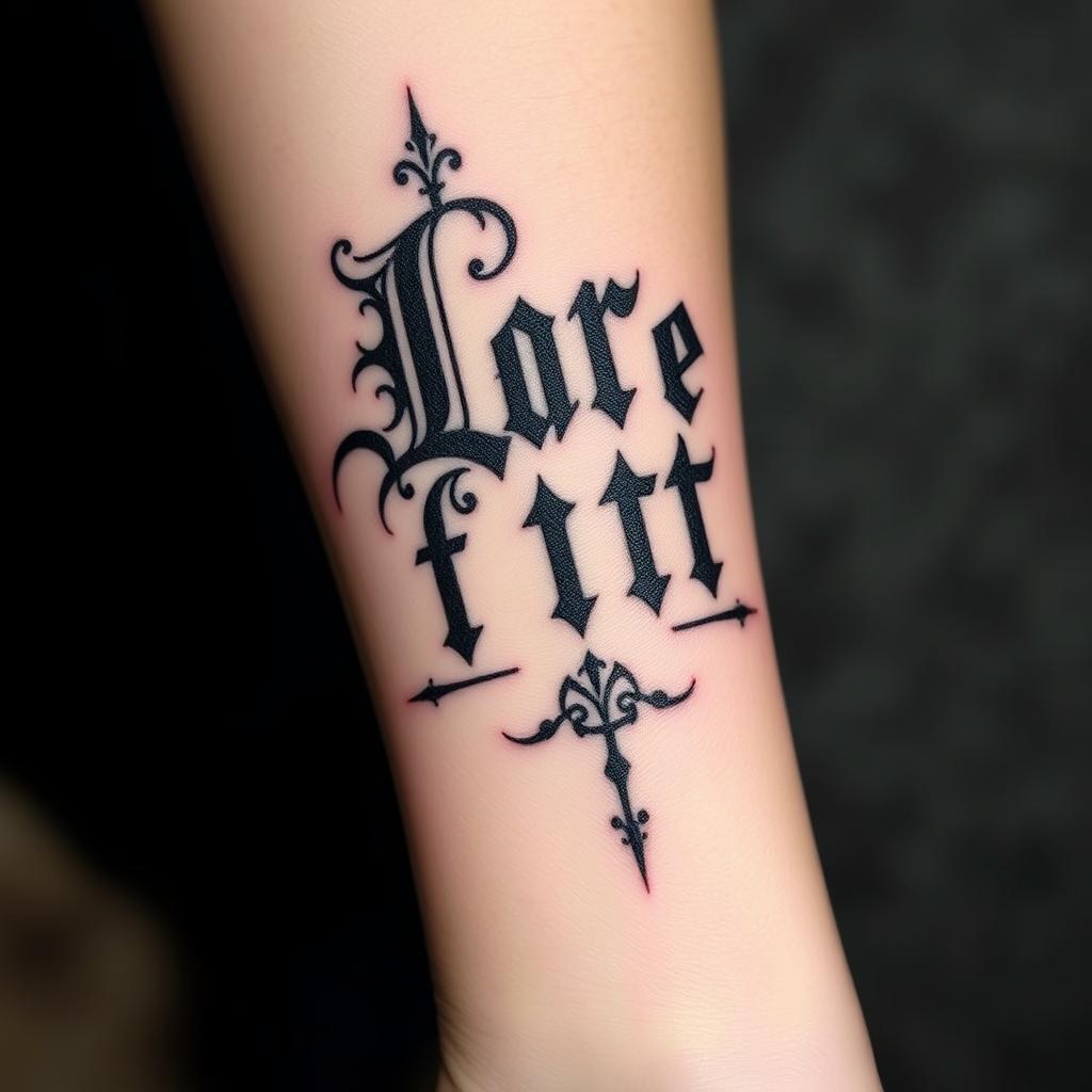 a small Gothic lettering tattoo with a medieval style