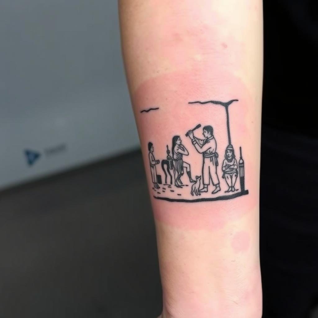 a small-sized tattoo in the style of a narrative woodcut a small-sized tattoo in the style of a narrative woodcut