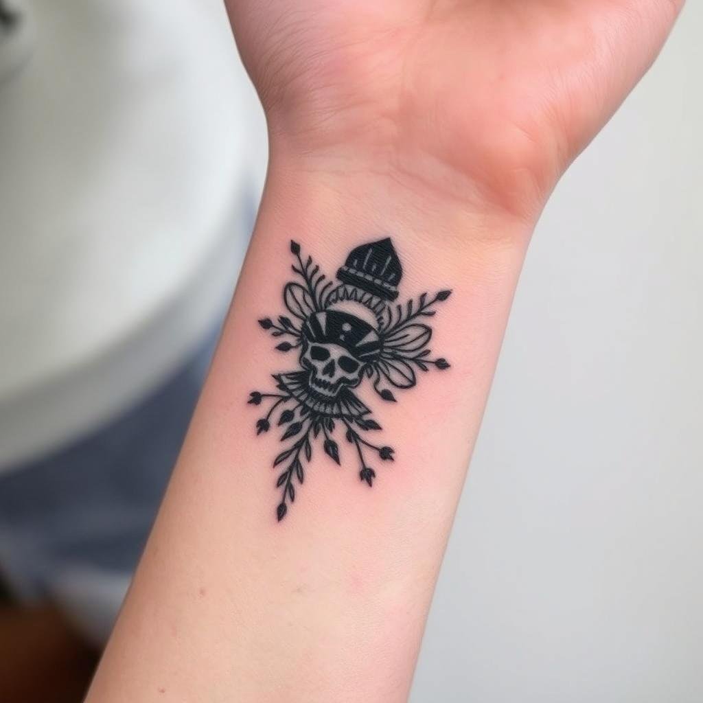 a small-sized woodcut-style tattoo a small-sized woodcut-style tattoo