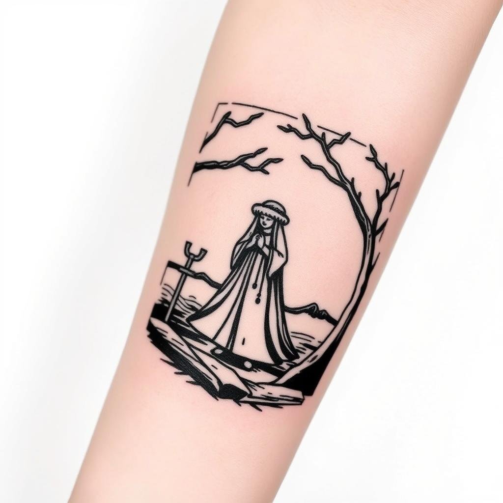 a small-sized woodcut-style tattoo a small-sized woodcut-style tattoo
