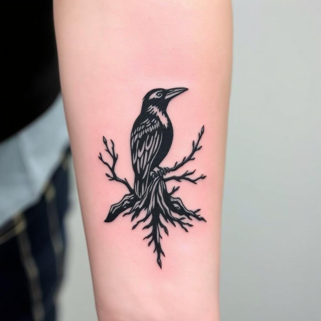 a small-sized woodcut-style tattoo a small-sized woodcut-style tattoo