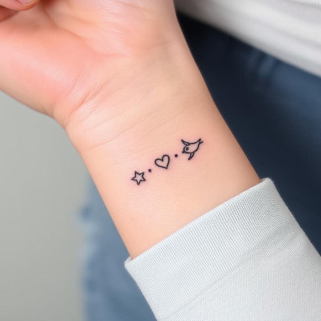 a start, heart and bird symbol tattoo design for mother with 3 kids