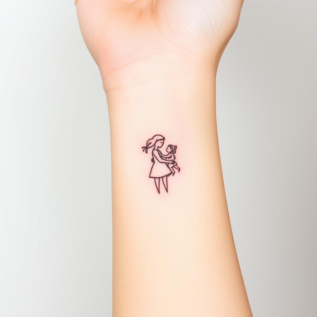 colored tattoo design symbolizing the bond of motherhood, placed on a woman's wrist