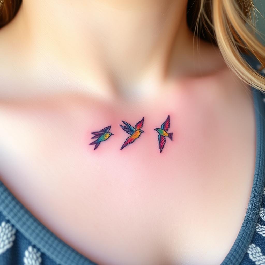 colorful tattoo design of three birds flying together, representing a mother and her three children