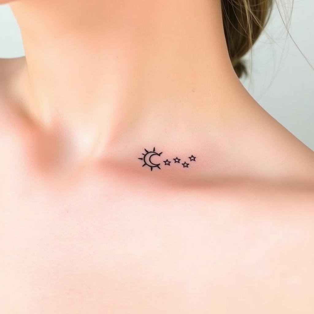 delicate celestial-themed tattoo on a woman’s upper chest near the collarbone
