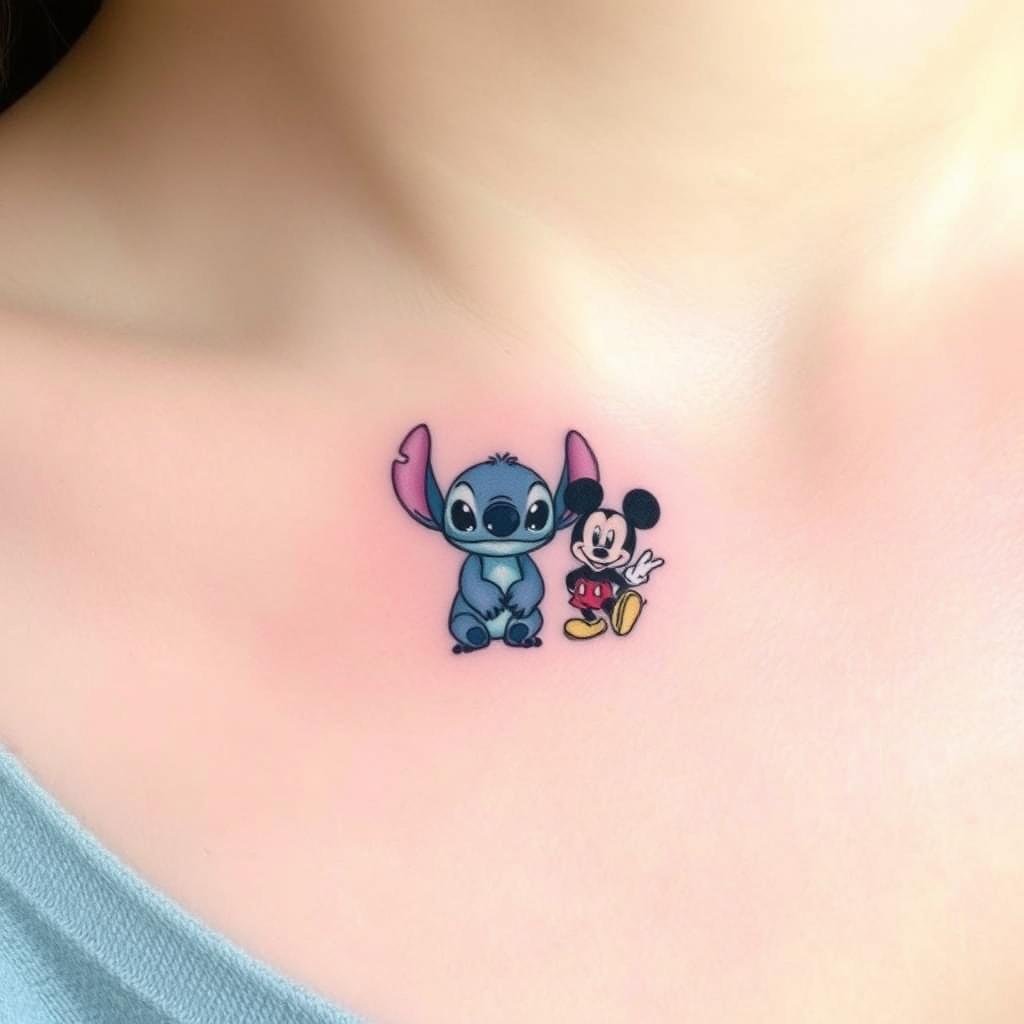 delicate tattoo design featuring Stitch and one or two other Disney characters delicate tattoo design featuring Stitch and one or two other Disney characters
