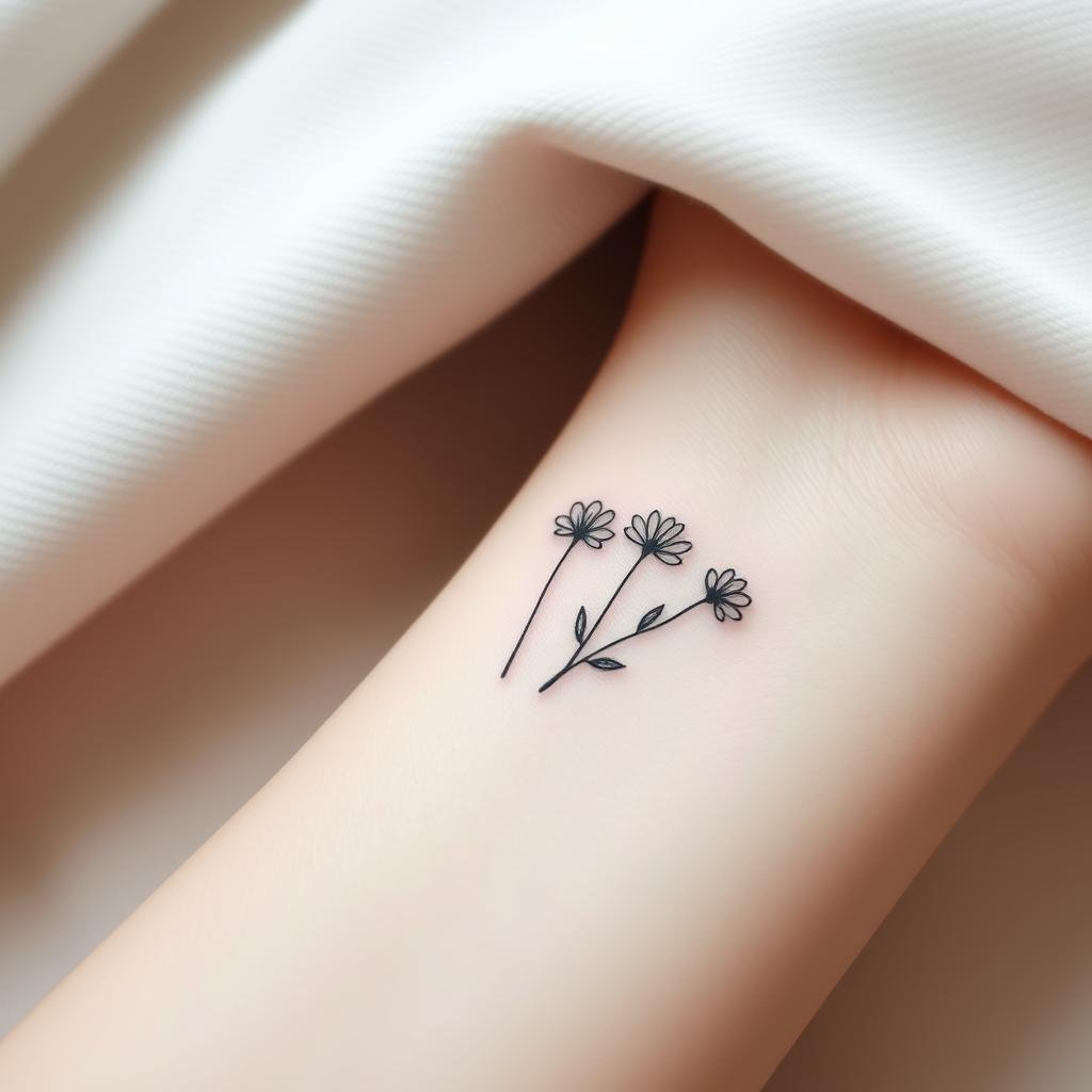 delicate tattoo design representing a mother and her three children, using minimalist flowers