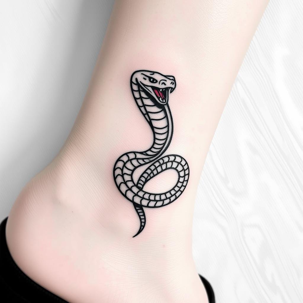 edgy tattoo of a fierce snake baddie style tattoo design on a female ankle edgy tattoo of a fierce snake baddie style tattoo design on a female ankle