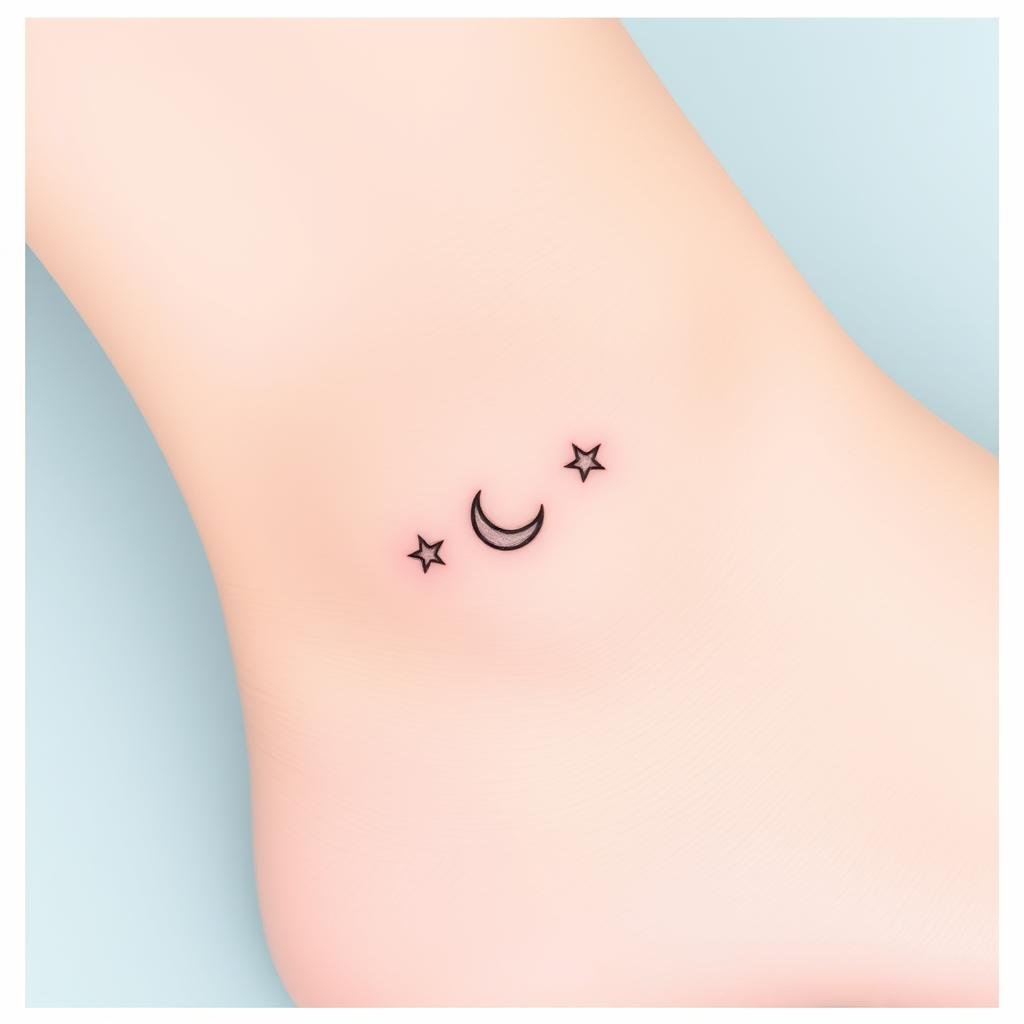 elegant tattoo design of three small stars with a crescent moon, placed on a woman's ankle