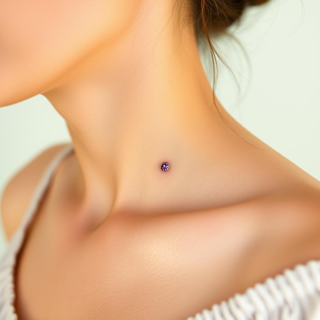 elegant tattoo design on a woman’s collarbone, featuring a minimalist gemstone representing a child’s birthstone