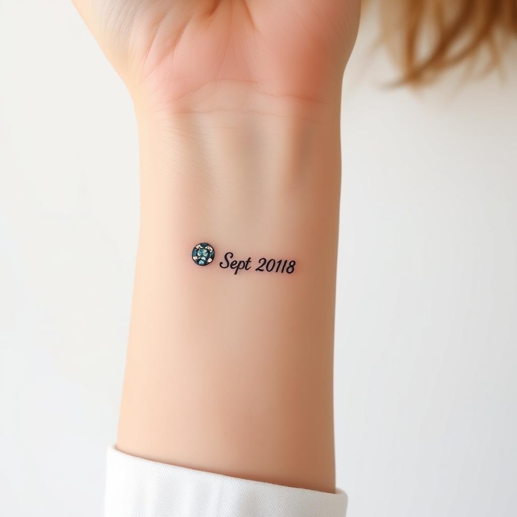  elegant tattoo on a woman's wrist, featuring a minimalist birthstone gem and the child's date of birth