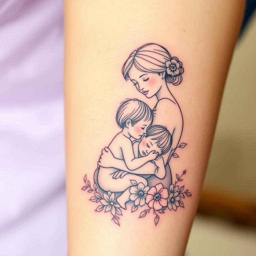 family tattoo design featuring a loving mother and kids.