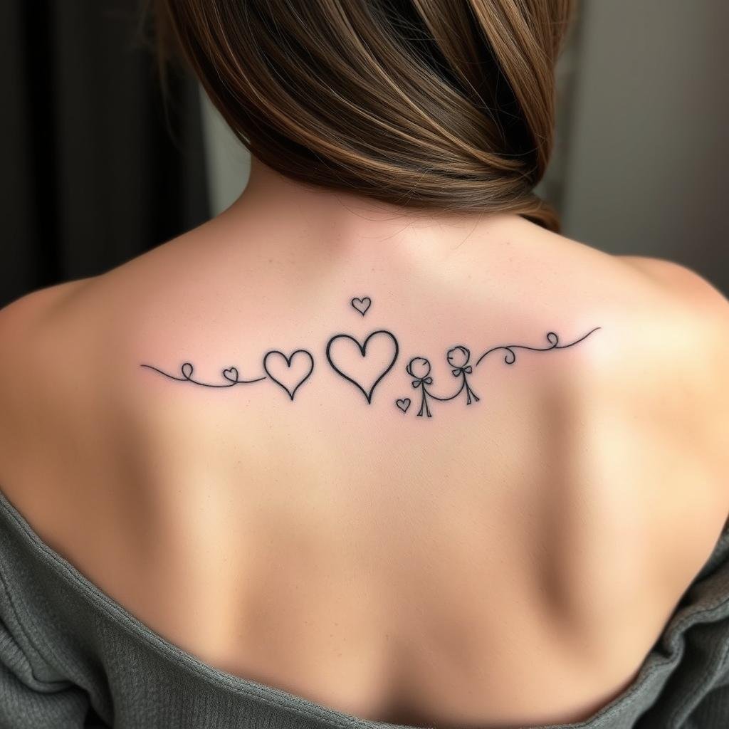 meaningful mother and 3 kids tattoo design on woman back