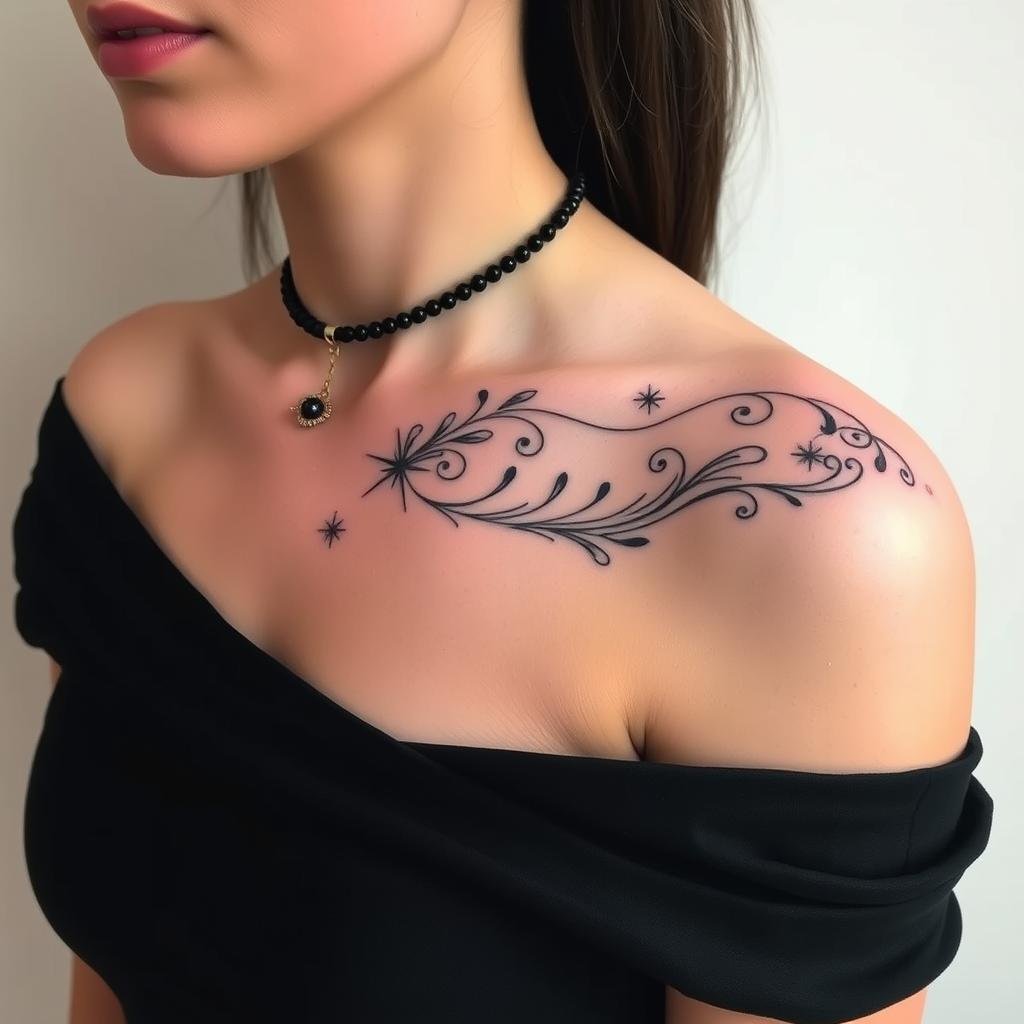 mini baddie black linework tattoo design on woman upper chest mini baddie black linework tattoo design on woman upper chest