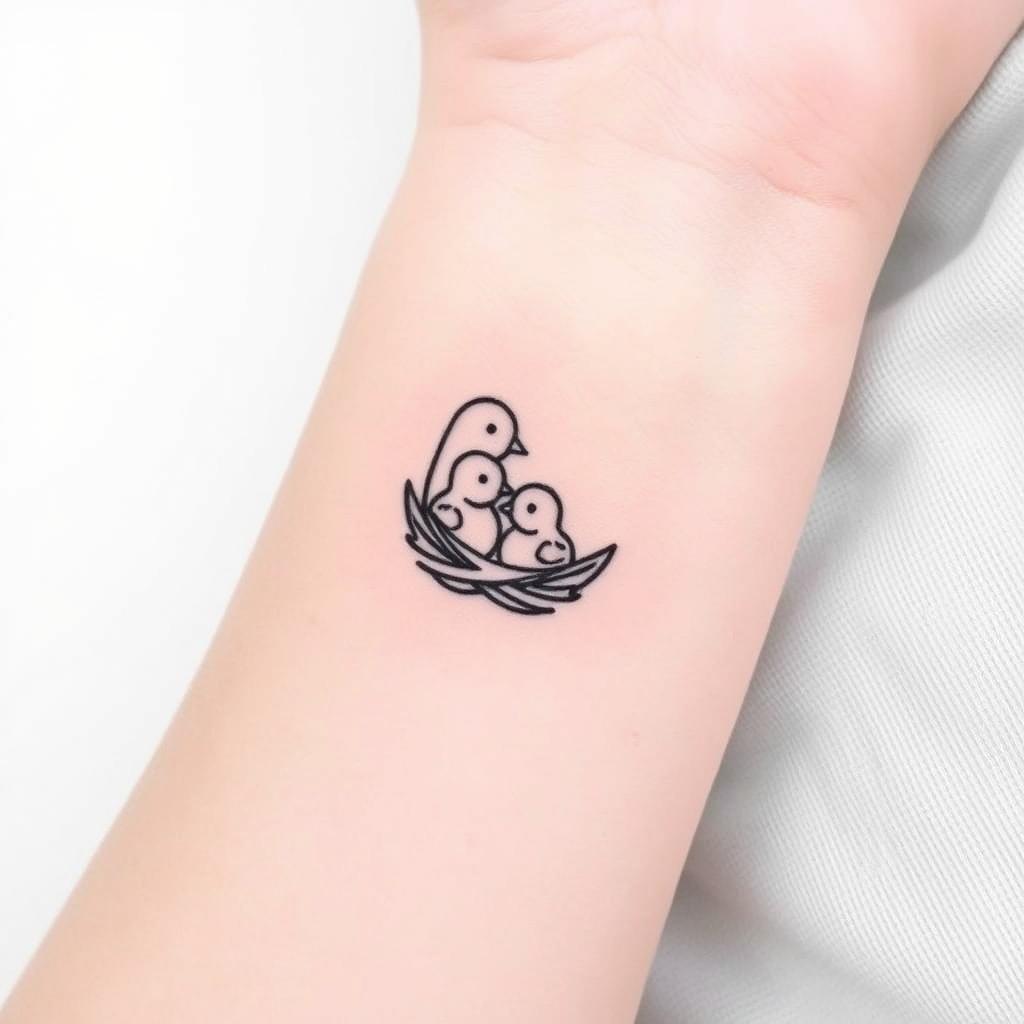 minimalist tattoo design featuring a mother bird with two tiny chicks in a nest minimalist tattoo design featuring a mother bird with two tiny chicks in a nest