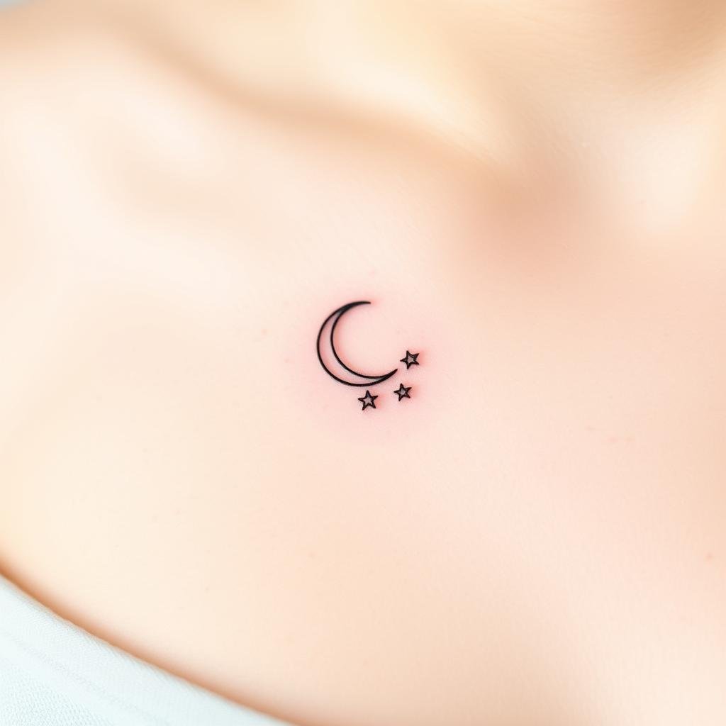 minimalist tattoo design featuring one crescent moon symbolizing a mother, accompanied by three tiny stars representing her children