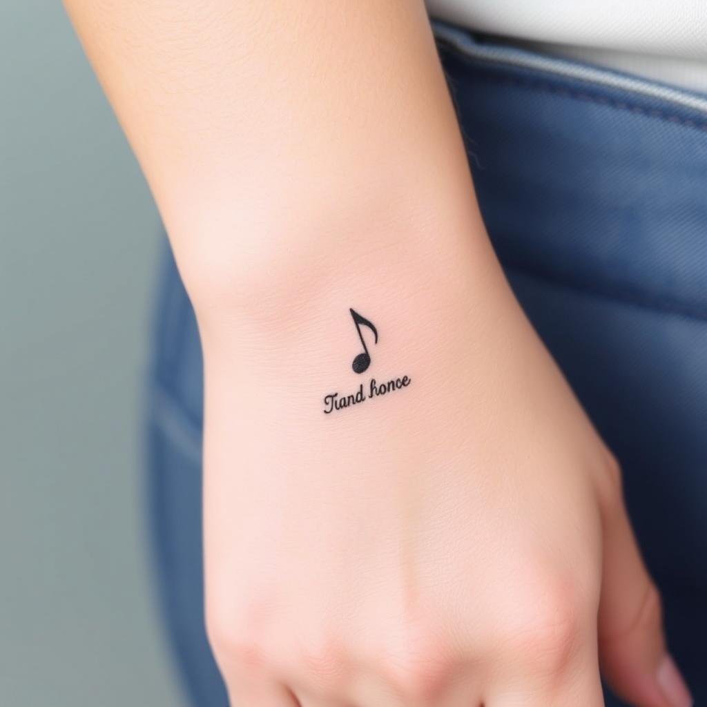 music note with kid name tattoo design for a woman’s wrist