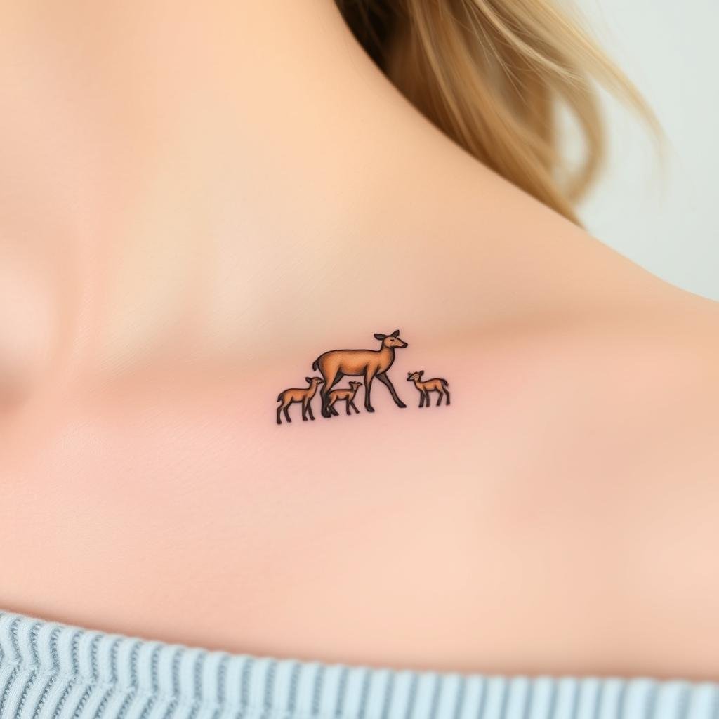 small, colorful, and minimalist tattoo design of a mother deer with her three young fawns, symbolizing family and connection