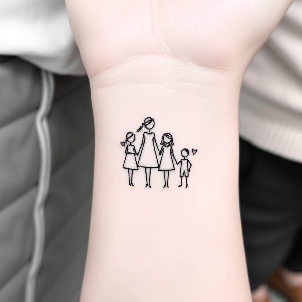 stylized tattoo of a mother with three children, each figure simplified with delicate lines and minimal detail